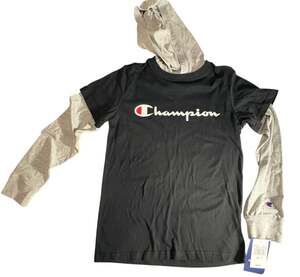 Champion Big Boys Layered-Look  T-Shirt Hoodie Black/Oxford Heather Size M